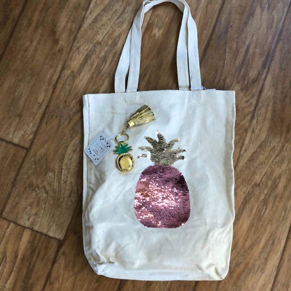 Canvas Pineapple sequins Tote Bag & matching Gold Pineapple Key Chain set. - Picture 2 of 6